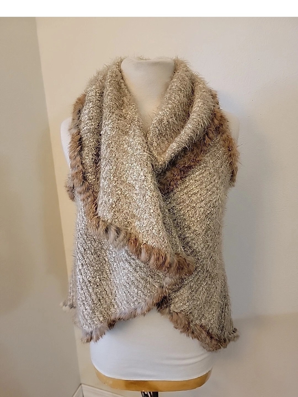 Love Token Knit Sleeveless Wrap Sweater with Rabbit Fur Trim